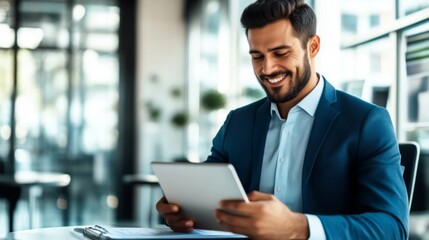 Smiling Businessman Working on Tablet in Modern Office