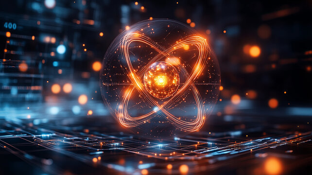 Nuclear-Powered AI glowing atomic core symbolizing energy driving artificial intelligence science visualization.
