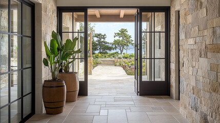 Modern farmhouse style entryway with herringbone wood flooring, Modern room concept with chair, table, desk, fireplace and home object,