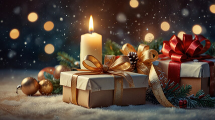 Vintage Christmas Scene with Candle and Presents