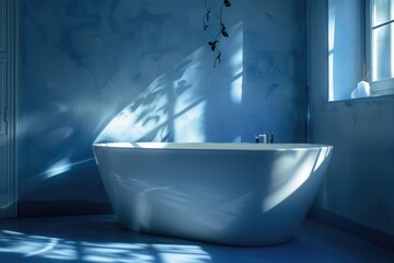 A white bath tub in a modern bathroom with a window