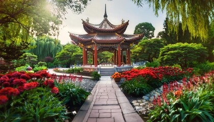 Fototapeta premium Explore the beauty of a traditional Chinese garden with a temple surrounded by vibrant flowers and serene nature. Generative AI