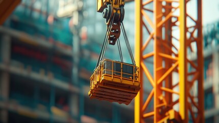 A crane lifts a bright yellow object into the air, ready for placement