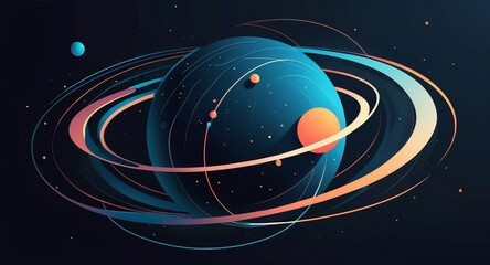 Minimalist geometric design featuring a sphere as a planet, with flowing lines and curves representing celestial bodies. Modern, cosmic-inspired vector art blending science and aesthetics