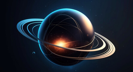 Minimalist geometric design featuring a sphere as a planet, with flowing lines and curves representing celestial bodies. Modern, cosmic-inspired vector art blending science and aesthetics