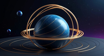 Minimalist geometric design featuring a sphere as a planet, with flowing lines and curves representing celestial bodies. Modern, cosmic-inspired vector art blending science and aesthetics