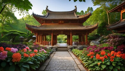 Fototapeta premium A serene traditional Chinese garden with a temple surrounded by vibrant flowers and lush greenery. Generative AI
