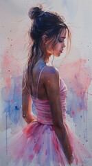 The watercolor painting portrays a young ballerina in an elegant lavender tutu on a clean white canvas, her delicate form echoing the grace and beauty of childhood