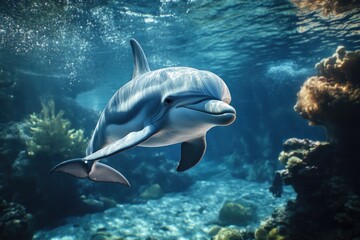 Dolphin swimming near coral reef