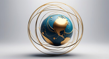 Minimalist geometric design featuring a sphere as a planet, with flowing lines and curves representing celestial bodies. Modern, cosmic-inspired vector art blending science and aesthetics