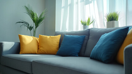 Contemporary gray fabric Sofa Isolated on White Background. An isolated leather sofa with cushions on a white background, 