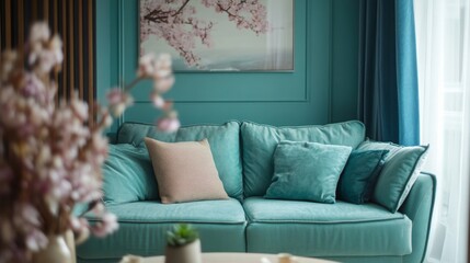 Obraz premium Stylish studio apartment interior with comfortable aqua sofa 