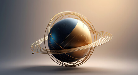 Minimalist geometric design featuring a sphere as a planet, with flowing lines and curves representing celestial bodies. Modern, cosmic-inspired vector art blending science and aesthetics