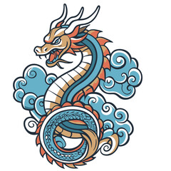 Obraz premium Colorful asian dragon rising from the sea of clouds illustration in vintage style. Asian culture element or traditional symbol of asia