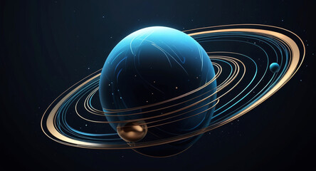 Minimalist geometric design featuring a sphere as a planet, with flowing lines and curves representing celestial bodies. Modern, cosmic-inspired vector art blending science and aesthetics