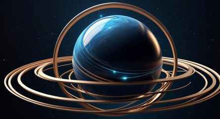 Minimalist geometric design featuring a sphere as a planet, with flowing lines and curves representing celestial bodies. Modern, cosmic-inspired vector art blending science and aesthetics