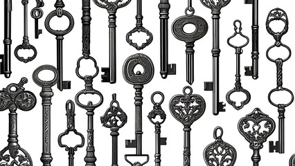 Old-fashioned keys in detailed line art forming a seamless, monochrome pattern.