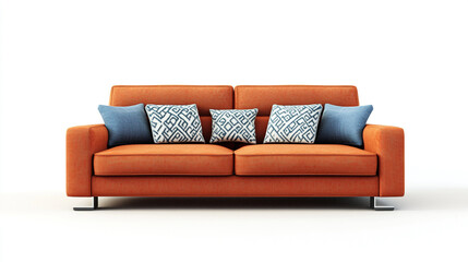 Fototapeta premium Pillows Galore, White Couch Adorned With Abundance of Cushions, Minimalist black and orange sofa 3D render on white background, perfect for architectural visualization.