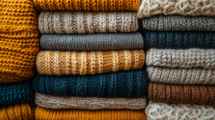 A stack of fluffy knit sweaters in various shades