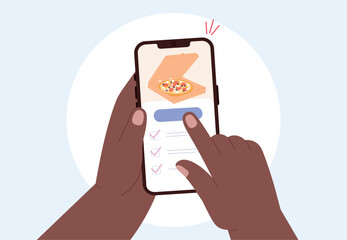 Pizza order in food delivery smartphone app. Hands holding phone and pay for meal. Smart lunch, family dinner booking. Modern lifestyle, vector concept