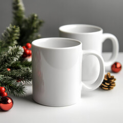 Obraz premium Plain white 11oz flat mugs surrounded by Christmas props i can use for a mock up
