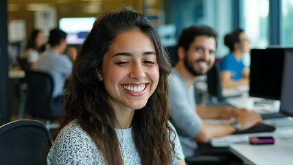 Indian women working smiling at office, People at work happy smiling friendly atmosphere, urban culture beautiful life, diversity and unity