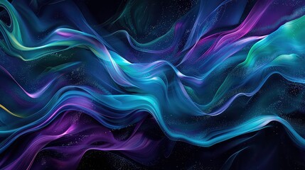 Obraz premium An abstract image featuring a dark background with flowing, luminous waves in purple, green, and blue hues with scattered glittery elements.