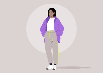 The teenager stands confidently, wearing a trendy sports outfit that blends comfort and style, reflecting an active lifestyle amidst a serene background