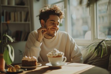 Cozy morning with coffee and cake in sunlit room