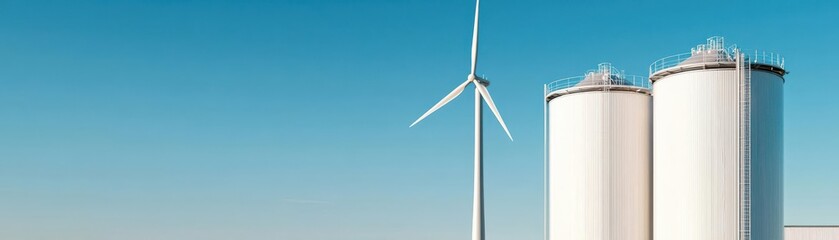 Hydrogen tanks and wind turbines against a clear sky, symbolizing renewable energy, sustainability, green technology future