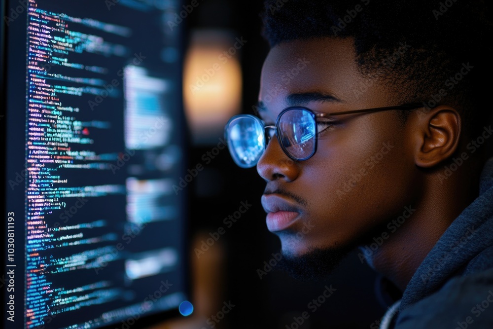 Poster man in front of computer