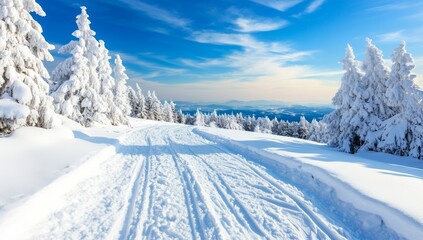 Panoramic View of Snow-Covered Mountains with Snowshoeing Trail