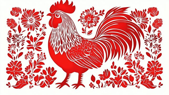 Traditional Polish paper cut rooster pattern with bold, symmetrical folk designs, paper cut rooster, traditional Polish pattern