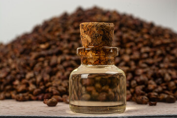 Close-up of a bottle of grape seed oil.