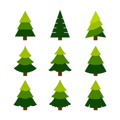 Christmas Trees vector illustration set in Flat style on white Background, Isolate Green Christmas Decoration Graphic elements design, Cut out Pine tree Icon, Symbol for Holidays greeting Banner Card