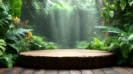 Obraz premium Lush jungle scene with a wooden platform for presentations or displays.