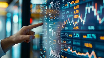 businessman hand point to business graph chart on digital screen