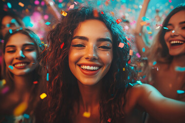 Obraz premium Happy group of friends having fun at a night club party, dancing and celebrating with confetti in the air. 