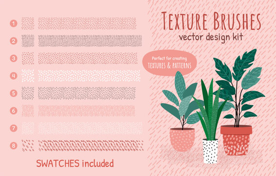 Textured and grain scatter brushes. Set of abstract grunge strokes. Hand drawn collection for creating textures, shadows, patterns, grainy illustrations. Swatches included. Editable size and color.