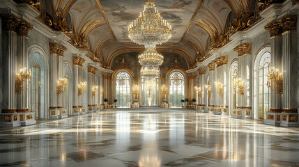 Opulent interior of a grand hall with chandeliers and marble floors.