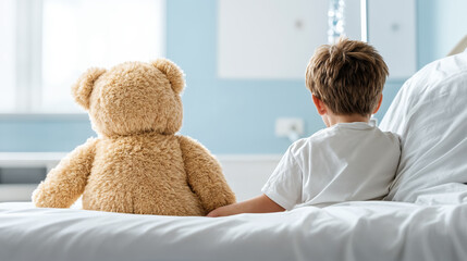 child sitting next to teddy bear in hospital bed, generative ai