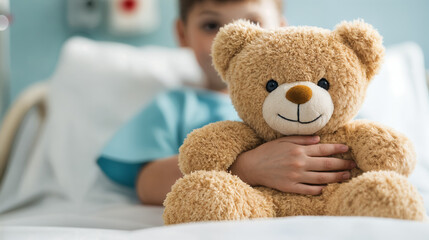 child hugging teddy bear in hospital bed, generative ai