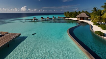 Fototapeta premium A luxurious infinity pool with crystal clear water, a wooden dock, and palm trees on a tropical island.