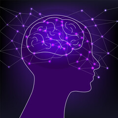 Concept for generative AI and Large Language Models LLM. Artificial intelligence. Big data, technology, data transfer, data flow, large language model, generative AI. Human head with brain.