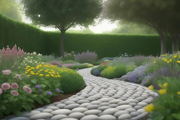 A serene garden featuring stone paths winding through vibrant flowers in full bloom.