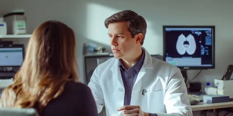 Obraz premium A male doctor discusses thyroid scan results with a female patient in a medical office, digital thyroid images visible on the screen, professional consultation, selective focus