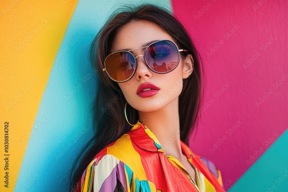 Wall mural woman with sunglasses on colorful wall