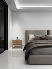 Bedroom with a bed and interior decoration. 3D rendering, interior design, 3D illustration