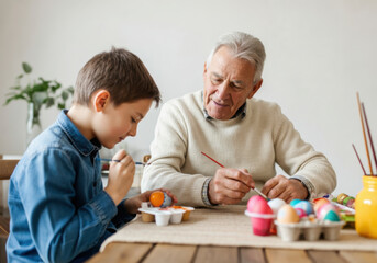 A young boy and his grandfather enjoy decorating Easter eggs together at a cozy table in their bright living room