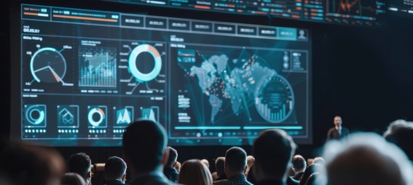 Tech Summit Banner: Keynote Presentation with Futuristic Data Visualizations on Large Screen